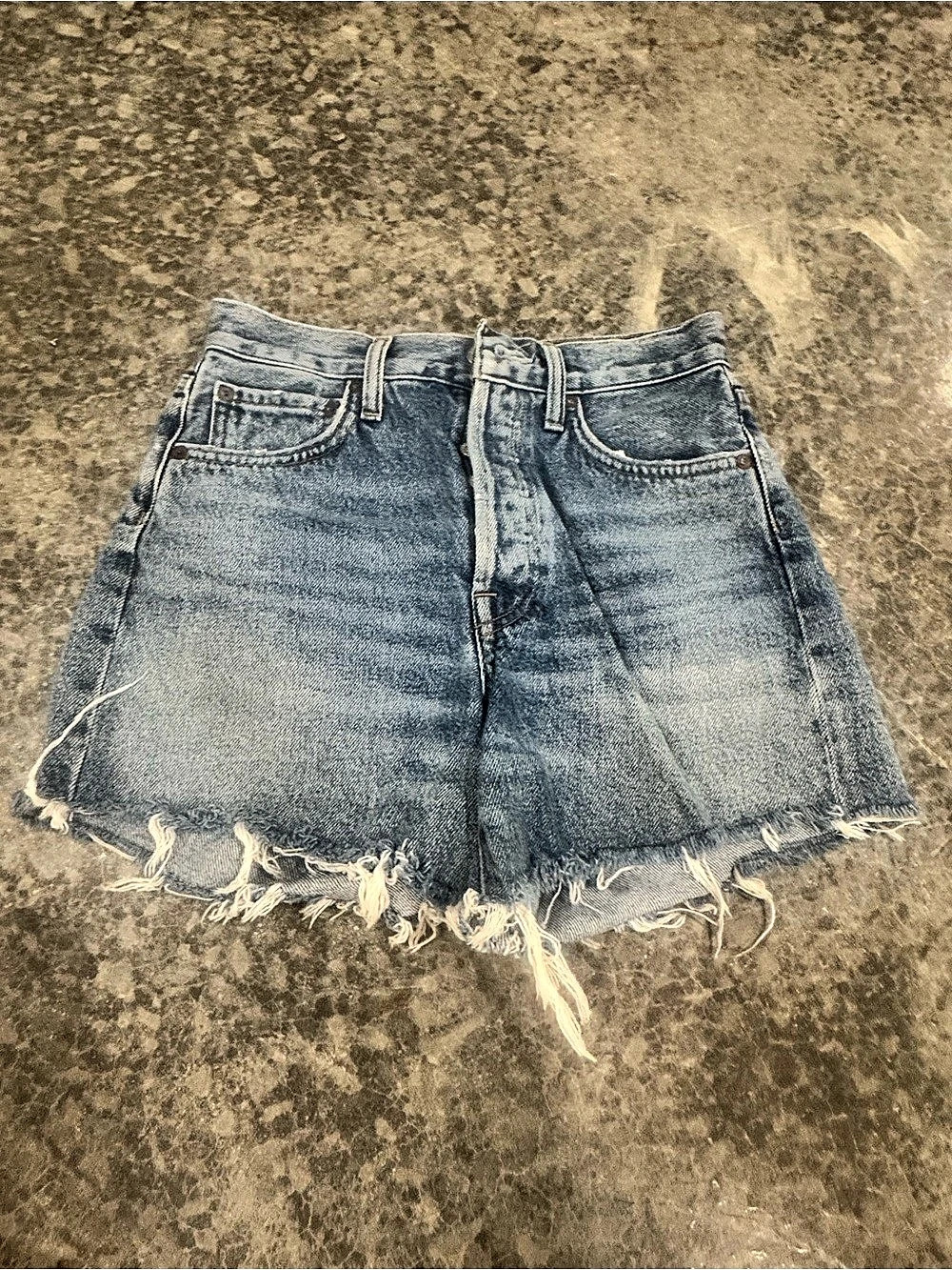 AGOLDE Parker Long Vintage Cut Off Short Women's Blue Denim Frayed Jean Shorts